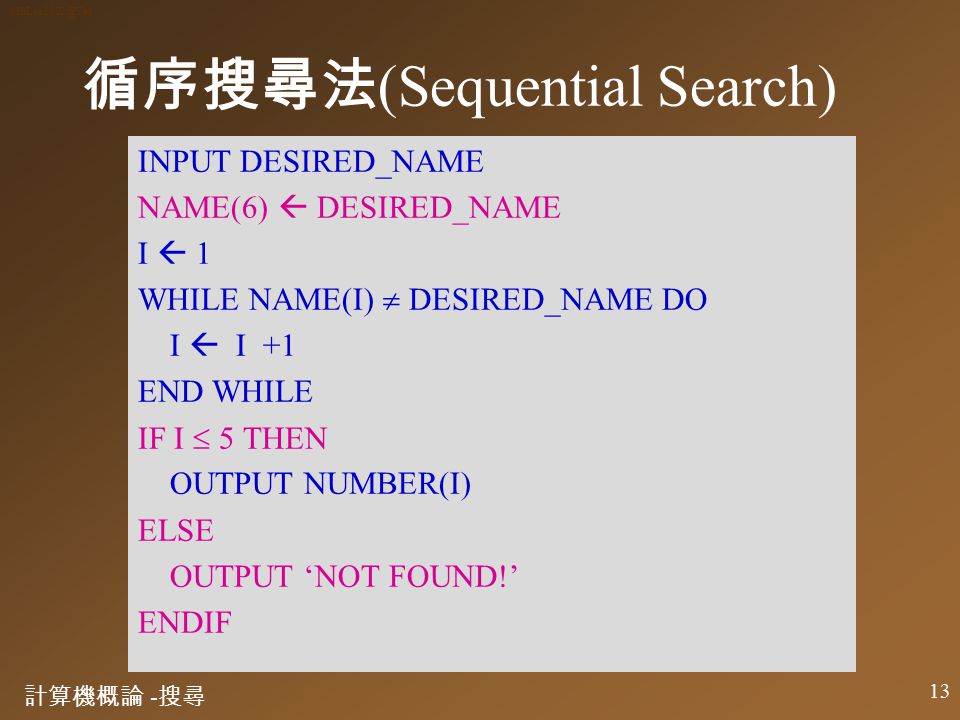 計算機概論 - 搜尋 12 循序搜尋法 (Sequential Search) INPUT DESIRED_NAME I  1 WHILE NAME(I)  DESIRED_NAME DO I  I +1 END WHILE OUTPUT NUMBER(I)