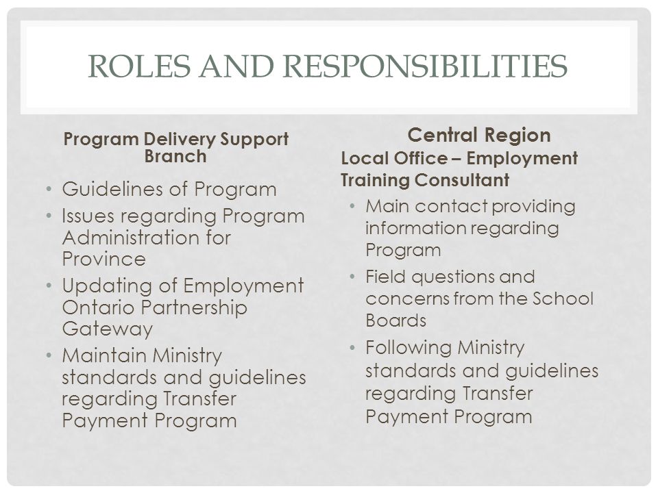 ROLES AND RESPONSIBILITIES Program Delivery Support Branch Guidelines of Program Issues regarding Program Administration for Province Updating of Employment Ontario Partnership Gateway Maintain Ministry standards and guidelines regarding Transfer Payment Program Central Region Local Office – Employment Training Consultant Main contact providing information regarding Program Field questions and concerns from the School Boards Following Ministry standards and guidelines regarding Transfer Payment Program