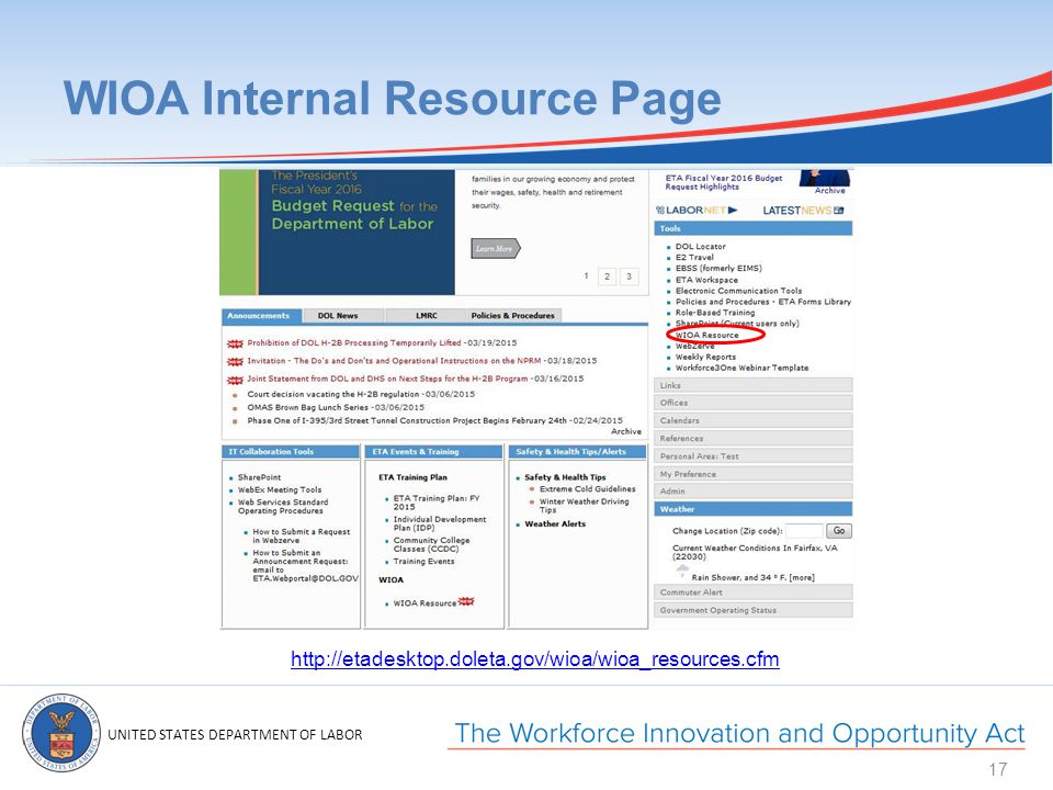 UNITED STATES DEPARTMENT OF LABOR WIOA Internal Resource Page 17