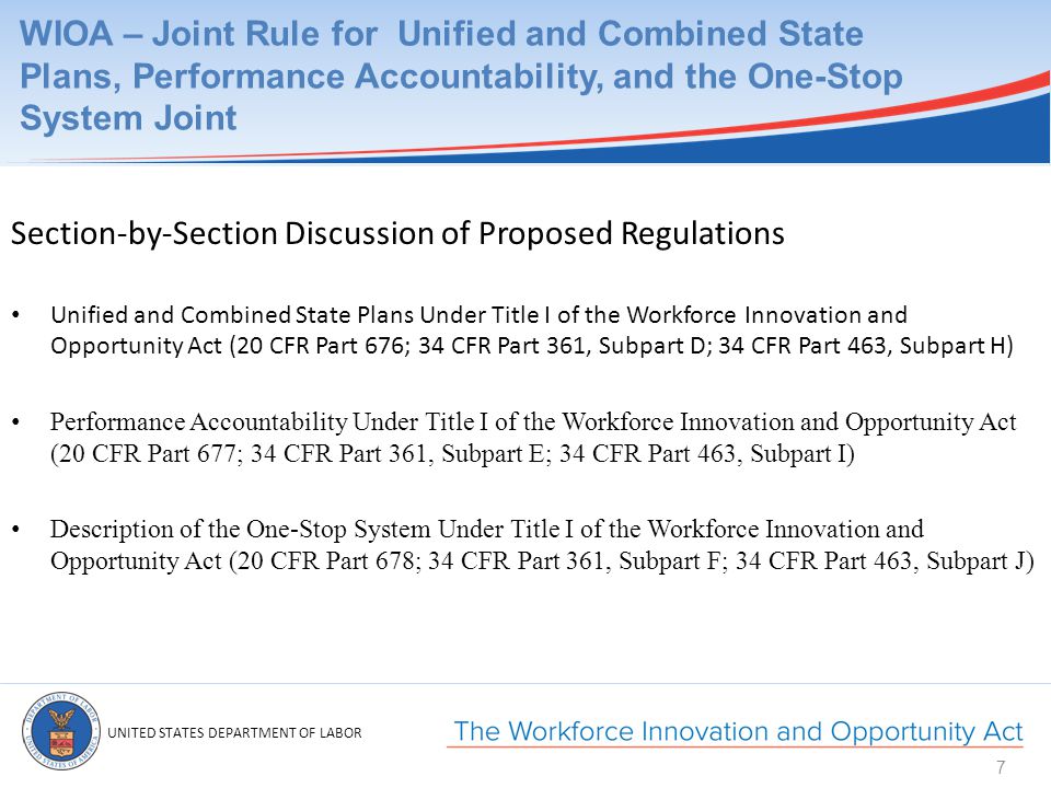 UNITED STATES DEPARTMENT OF LABOR WIOA – Joint Rule for Unified and Combined State Plans, Performance Accountability, and the One-Stop System Joint Section-by-Section Discussion of Proposed Regulations Unified and Combined State Plans Under Title I of the Workforce Innovation and Opportunity Act (20 CFR Part 676; 34 CFR Part 361, Subpart D; 34 CFR Part 463, Subpart H) Performance Accountability Under Title I of the Workforce Innovation and Opportunity Act (20 CFR Part 677; 34 CFR Part 361, Subpart E; 34 CFR Part 463, Subpart I) Description of the One-Stop System Under Title I of the Workforce Innovation and Opportunity Act (20 CFR Part 678; 34 CFR Part 361, Subpart F; 34 CFR Part 463, Subpart J) 7