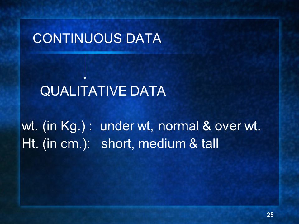 25 CONTINUOUS DATA QUALITATIVE DATA wt. (in Kg.) : under wt, normal & over wt.