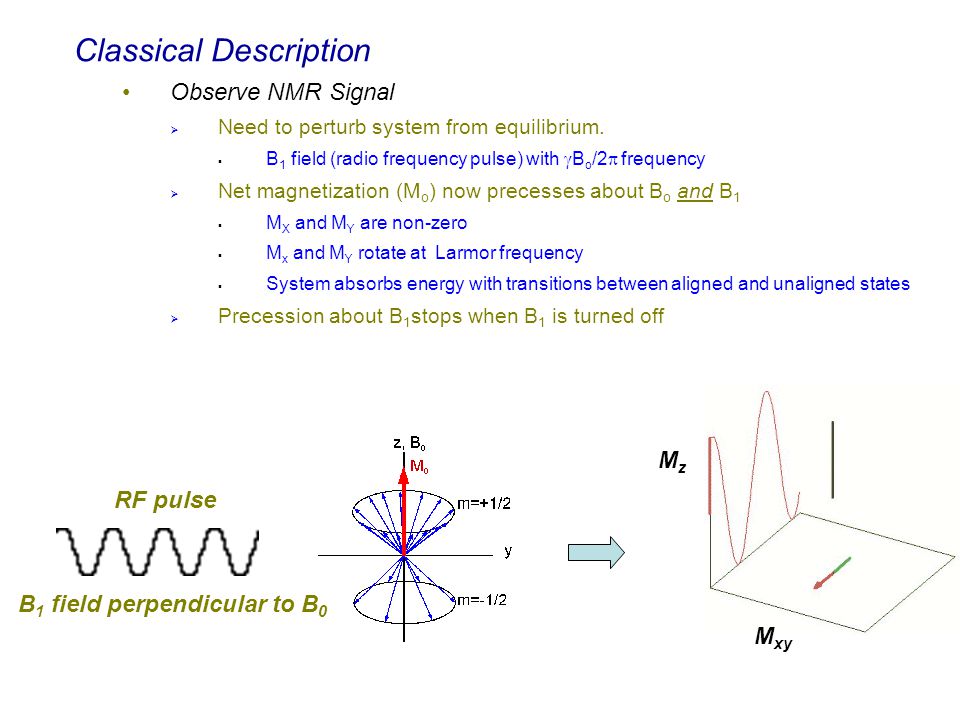RF pulse B 1 field perpendicular to B 0 M xy MzMz Classical Description Observe NMR Signal  Need to perturb system from equilibrium.