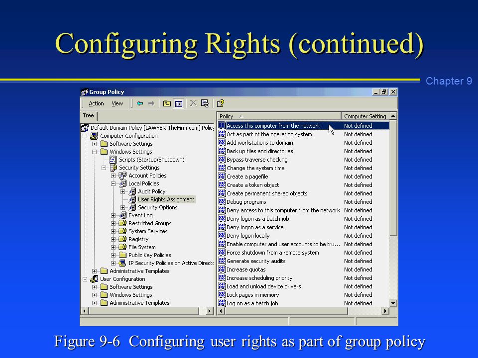 Chapter 9 Configuring Rights (continued) Figure 9-6 Configuring user rights as part of group policy