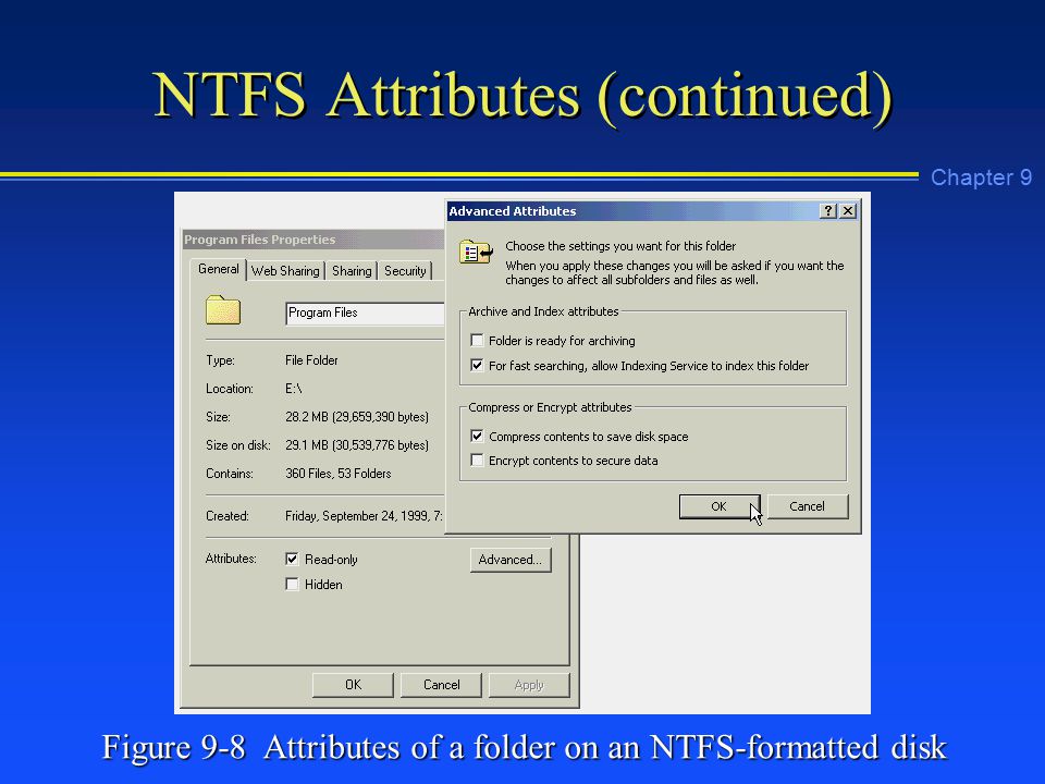 Chapter 9 NTFS Attributes (continued) Figure 9-8 Attributes of a folder on an NTFS-formatted disk