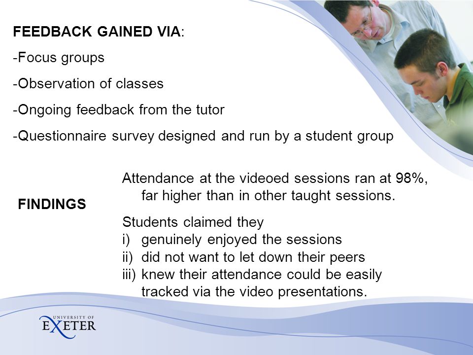 Attendance at the videoed sessions ran at 98%, far higher than in other taught sessions.