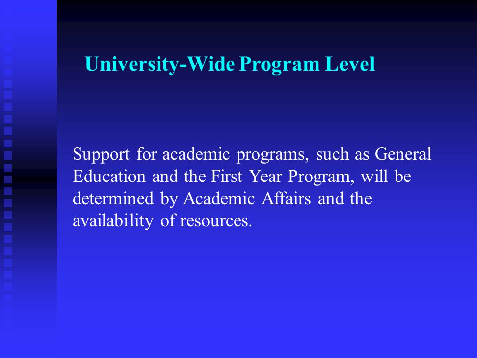 Support for academic programs, such as General Education and the First Year Program, will be determined by Academic Affairs and the availability of resources.
