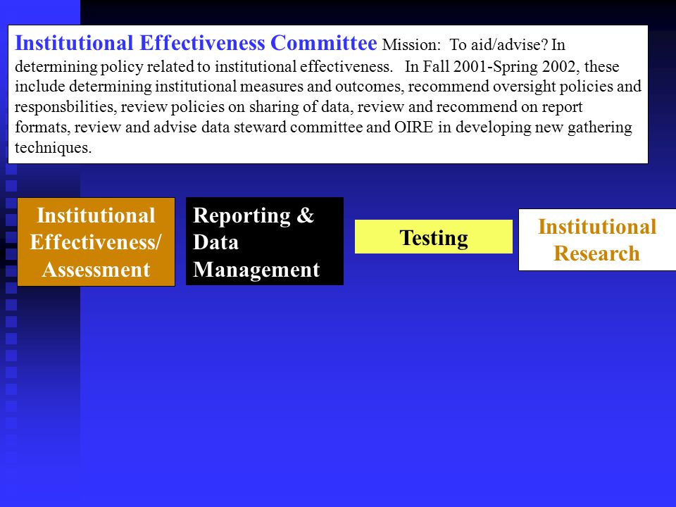 Institutional Effectiveness Committee Mission: To aid/advise.