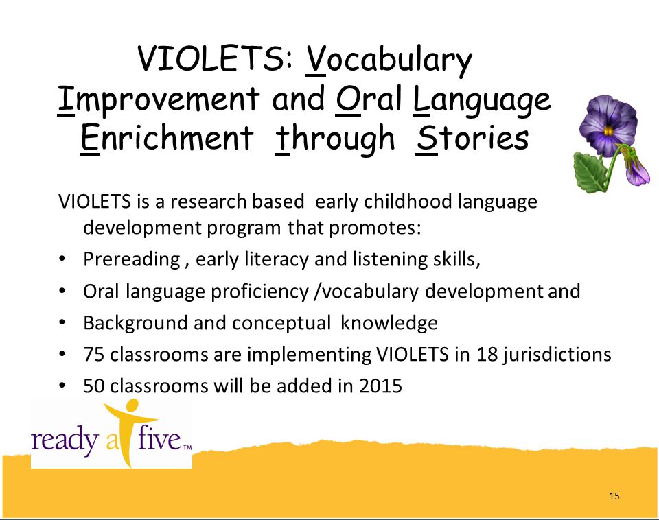 VIOLETS: Vocabulary Improvement and Oral Language Enrichment through Stories VIOLETS is a research based early childhood language development program that promotes: Prereading, early literacy and listening skills, Oral language proficiency /vocabulary development and Background and conceptual knowledge 75 classrooms are implementing VIOLETS in 18 jurisdictions 50 classrooms will be added in