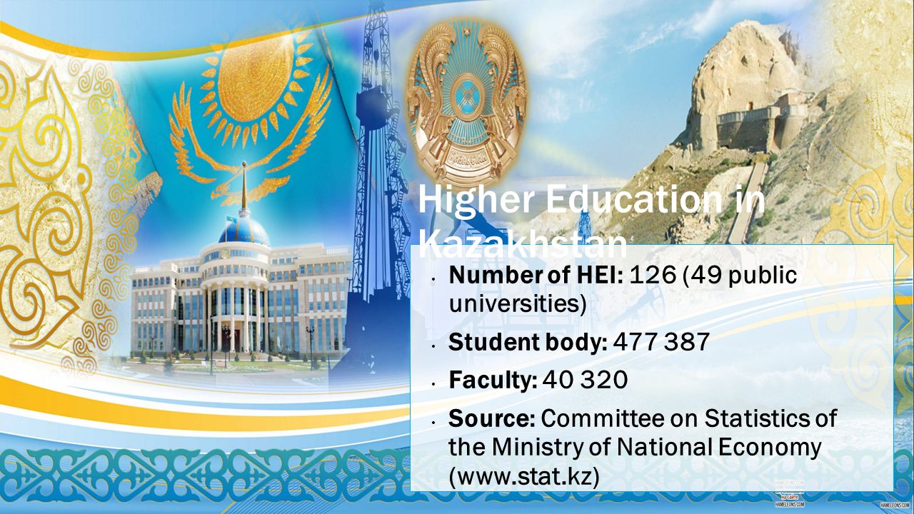 Higher Education in Kazakhstan Number of HEI: 126 (49 public universities) Student body: Faculty: Source: Committee on Statistics of the Ministry of National Economy (