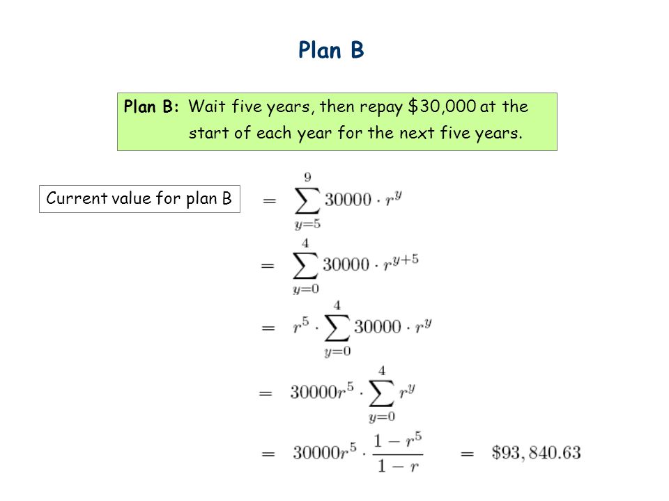 Plan B Current value for plan B Plan B: Wait five years, then repay $30,000 at the start of each year for the next five years.