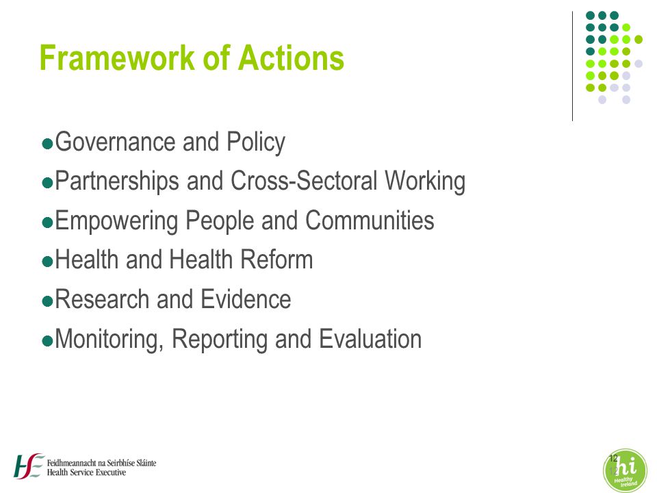 12 Framework of Actions Governance and Policy Partnerships and Cross-Sectoral Working Empowering People and Communities Health and Health Reform Research and Evidence Monitoring, Reporting and Evaluation