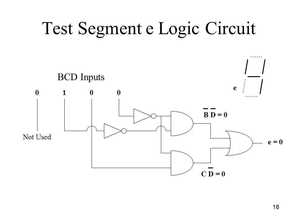 16 Test Segment e Logic Circuit 0100 BCD Inputs e = 0 C D = 0 B D = 0 Not Used e