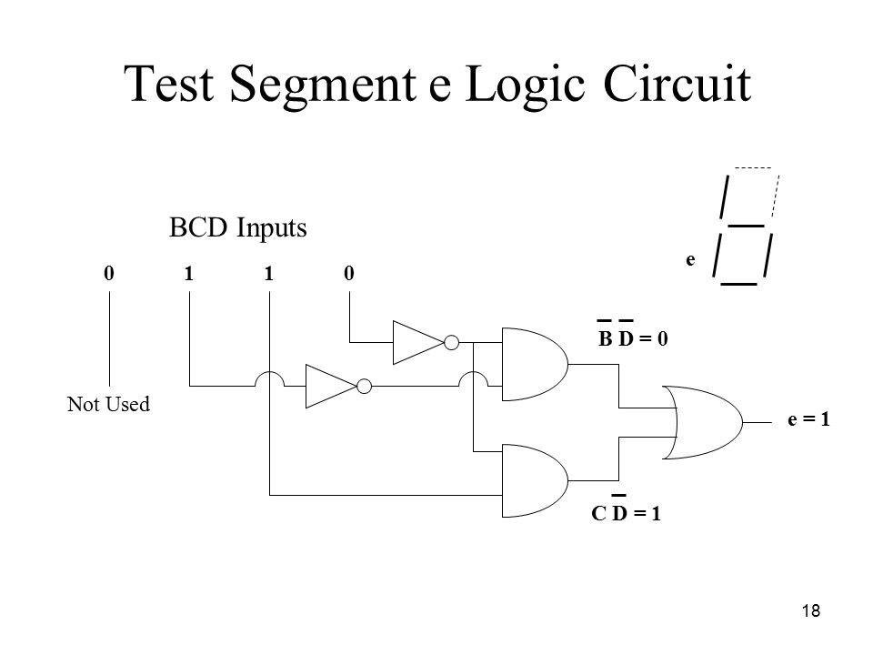 18 Test Segment e Logic Circuit 0110 BCD Inputs e = 1 C D = 1 B D = 0 Not Used e