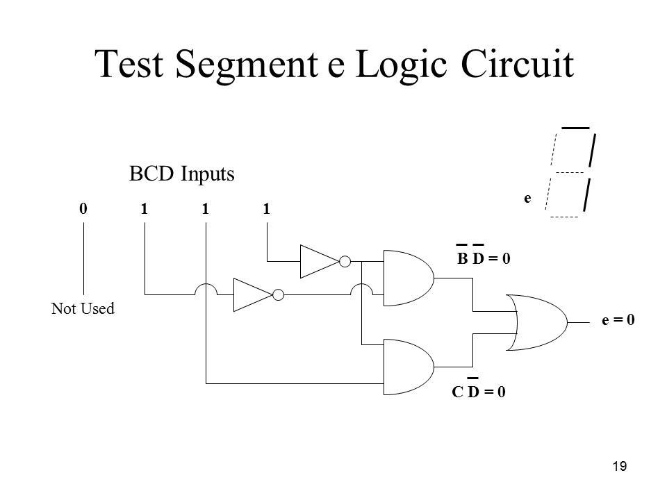 19 Test Segment e Logic Circuit 0111 BCD Inputs e = 0 C D = 0 B D = 0 Not Used e