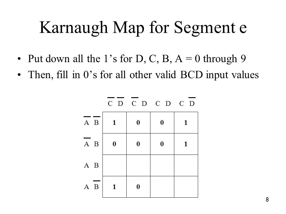 8 Karnaugh Map for Segment e A B C D Put down all the 1’s for D, C, B, A = 0 through 9 Then, fill in 0’s for all other valid BCD input values