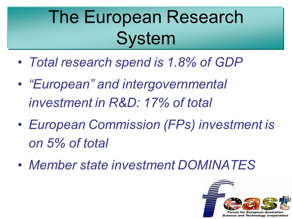 The European Research System Total research spend is 1.8% of GDP European and intergovernmental investment in R&D: 17% of total European Commission (FPs) investment is on 5% of total Member state investment DOMINATES