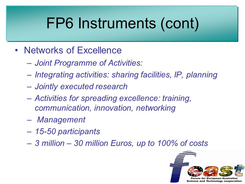 FP6 Instruments (cont) Networks of Excellence –Joint Programme of Activities: –Integrating activities: sharing facilities, IP, planning –Jointly executed research –Activities for spreading excellence: training, communication, innovation, networking – Management –15-50 participants –3 million – 30 million Euros, up to 100% of costs