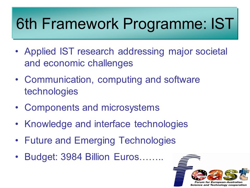 6th Framework Programme: IST Applied IST research addressing major societal and economic challenges Communication, computing and software technologies Components and microsystems Knowledge and interface technologies Future and Emerging Technologies Budget: 3984 Billion Euros……..