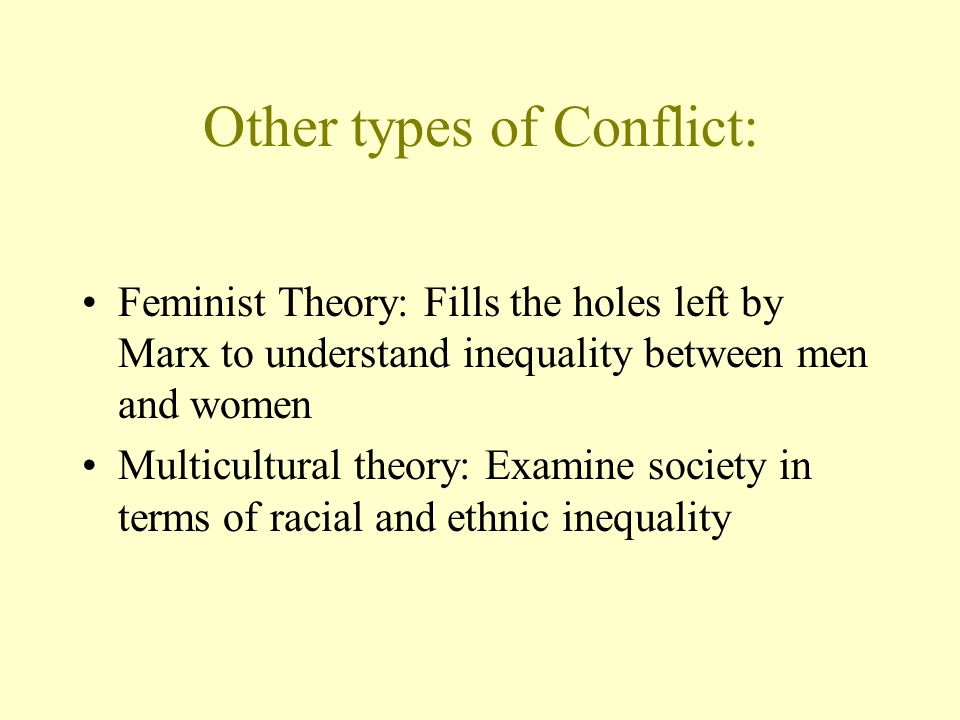 Other types of Conflict: Feminist Theory: Fills the holes left by Marx to understand inequality between men and women Multicultural theory: Examine society in terms of racial and ethnic inequality