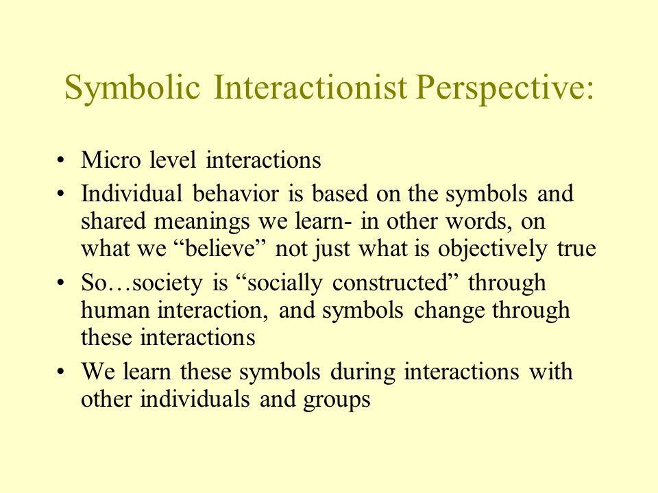 Symbolic Interactionist Perspective: Micro level interactions Individual behavior is based on the symbols and shared meanings we learn- in other words, on what we believe not just what is objectively true So…society is socially constructed through human interaction, and symbols change through these interactions We learn these symbols during interactions with other individuals and groups
