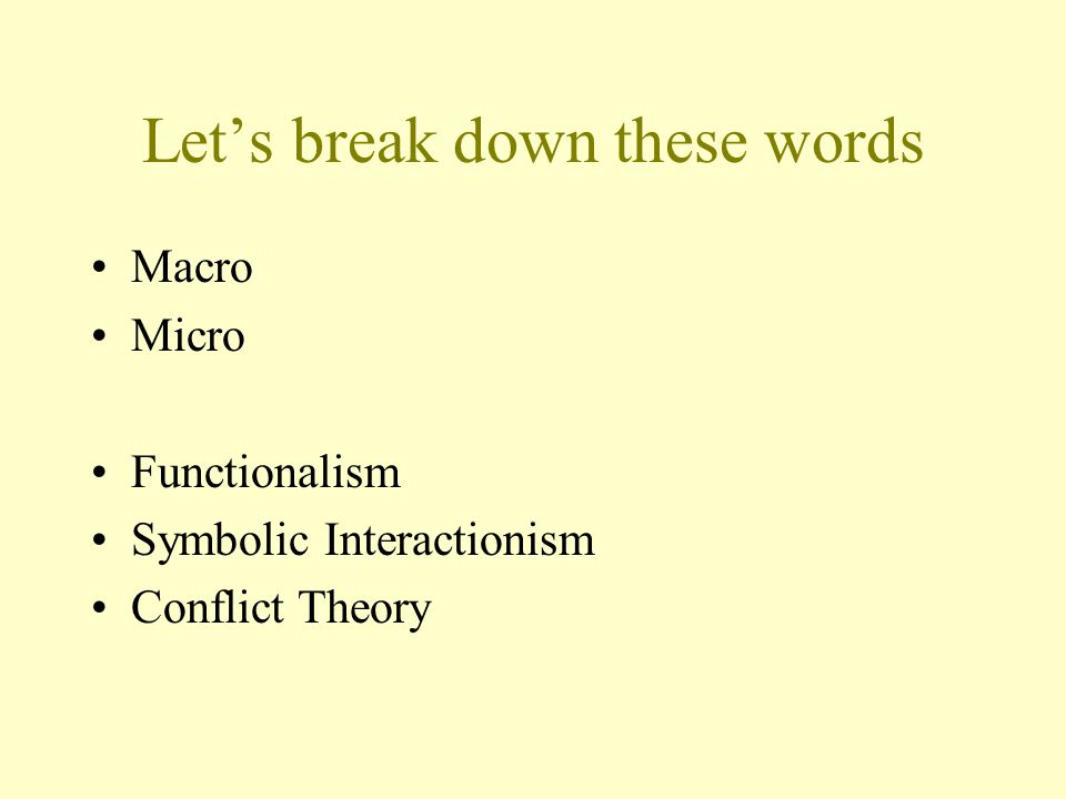 Let’s break down these words Macro Micro Functionalism Symbolic Interactionism Conflict Theory