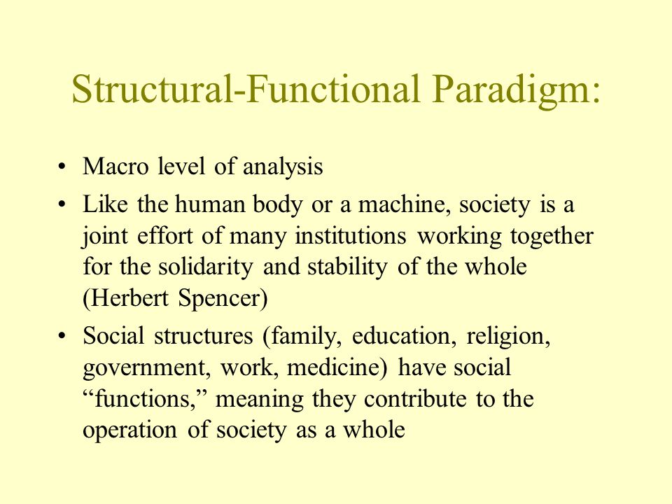 Structural-Functional Paradigm: Macro level of analysis Like the human body or a machine, society is a joint effort of many institutions working together for the solidarity and stability of the whole (Herbert Spencer) Social structures (family, education, religion, government, work, medicine) have social functions, meaning they contribute to the operation of society as a whole