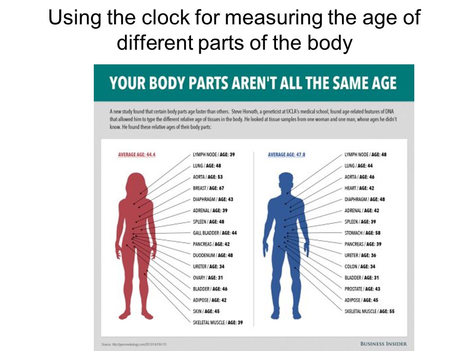 Using the clock for measuring the age of different parts of the body