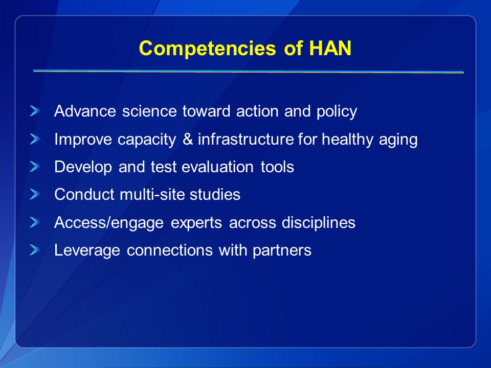 Competencies of HAN Advance science toward action and policy Improve capacity & infrastructure for healthy aging Develop and test evaluation tools Conduct multi-site studies Access/engage experts across disciplines Leverage connections with partners