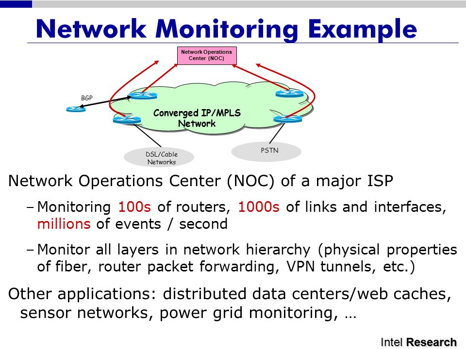 Intel Research Network Monitoring Example Network Operations Center (NOC) of a major ISP –Monitoring 100s of routers, 1000s of links and interfaces, millions of events / second –Monitor all layers in network hierarchy (physical properties of fiber, router packet forwarding, VPN tunnels, etc.) Other applications: distributed data centers/web caches, sensor networks, power grid monitoring, … Converged IP/MPLS Network PSTN DSL/Cable Networks Network Operations Center (NOC) BGP