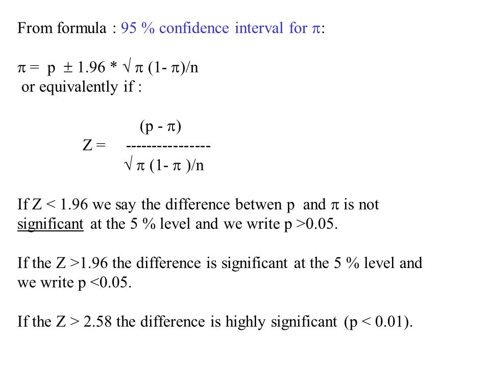 From formula : 95 % confidence interval for  :  = p  1.96 *   (1-  )/n or equivalently if : (p -  ) Z =   (1-  )/n If Z 0.05.