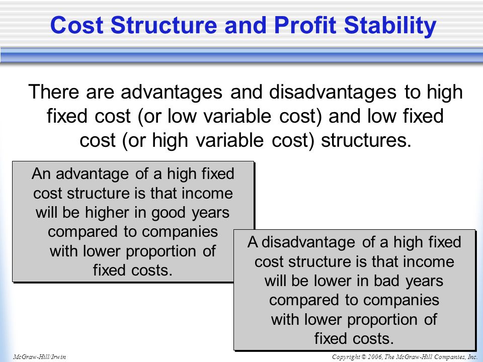 Copyright © 2006, The McGraw-Hill Companies, Inc.McGraw-Hill/Irwin Cost Structure and Profit Stability There are advantages and disadvantages to high fixed cost (or low variable cost) and low fixed cost (or high variable cost) structures.
