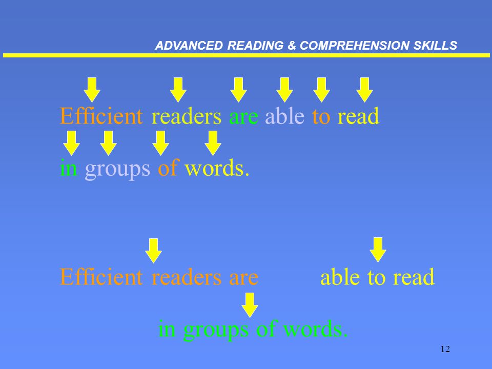 12 Efficient readers are able to read in groups of words. ADVANCED READING & COMPREHENSION SKILLS