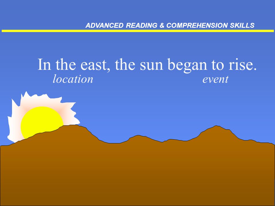 20 In the east, the sun began to rise. locationevent ADVANCED READING & COMPREHENSION SKILLS