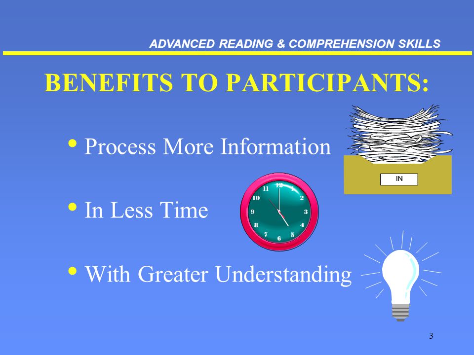 3 BENEFITS TO PARTICIPANTS: Process More Information In Less Time With Greater Understanding ADVANCED READING & COMPREHENSION SKILLS
