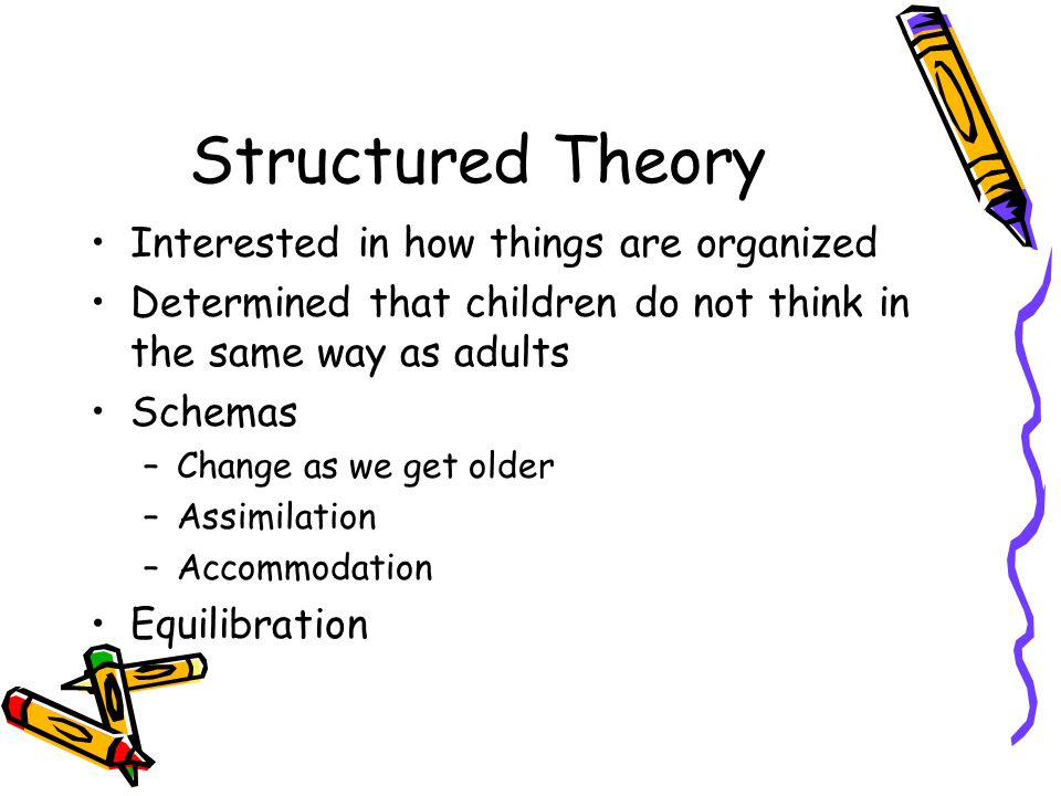 Structured Theory Interested in how things are organized Determined that children do not think in the same way as adults Schemas –Change as we get older –Assimilation –Accommodation Equilibration