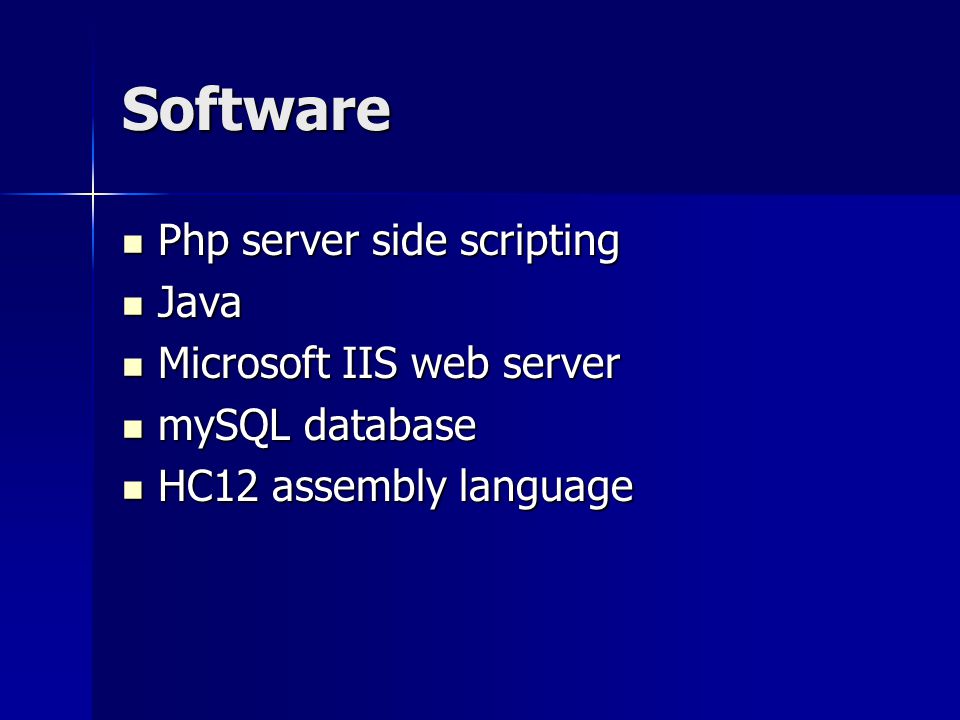 Software Php server side scripting Php server side scripting Java Java Microsoft IIS web server Microsoft IIS web server mySQL database mySQL database HC12 assembly language HC12 assembly language