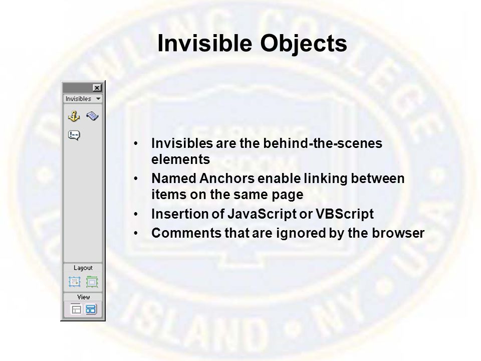 Invisible Objects Invisibles are the behind-the-scenes elements Named Anchors enable linking between items on the same page Insertion of JavaScript or VBScript Comments that are ignored by the browser