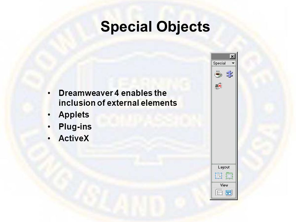 Special Objects Dreamweaver 4 enables the inclusion of external elements Applets Plug-ins ActiveX