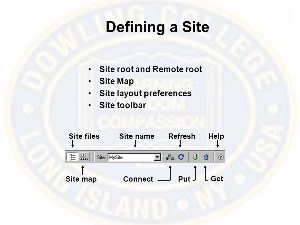 Defining a Site Site root and Remote root Site Map Site layout preferences Site toolbar Site files Site map Site name Connect Refresh Put Get Help