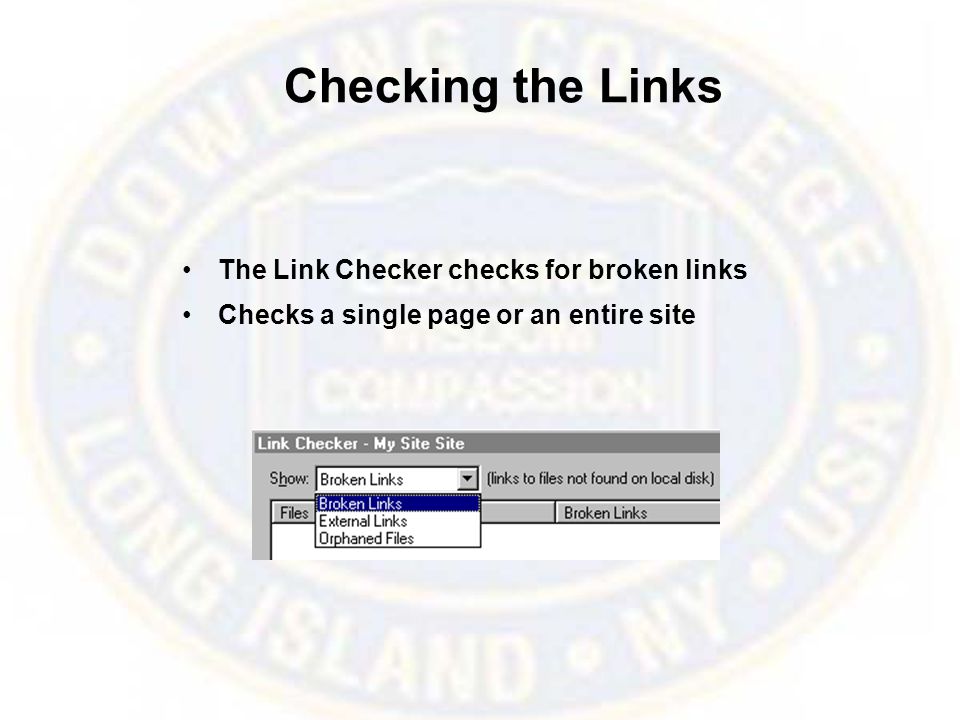 Checking the Links The Link Checker checks for broken links Checks a single page or an entire site