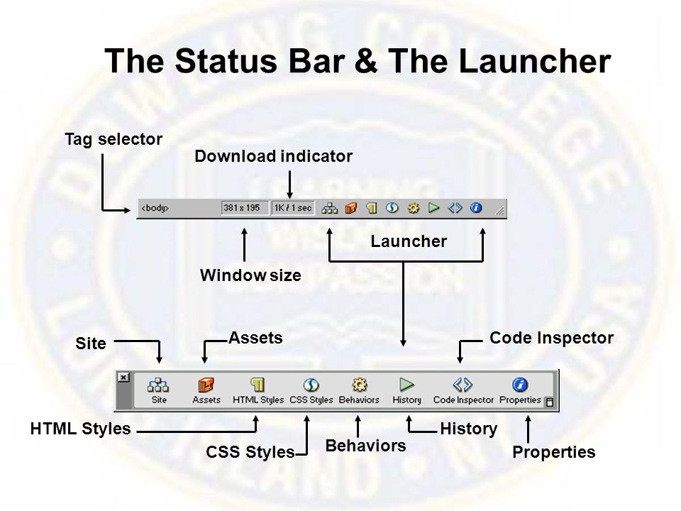 The Status Bar & The Launcher Tag selector Window size Download indicator Launcher Site Assets HTML Styles CSS Styles Behaviors History Code Inspector Properties