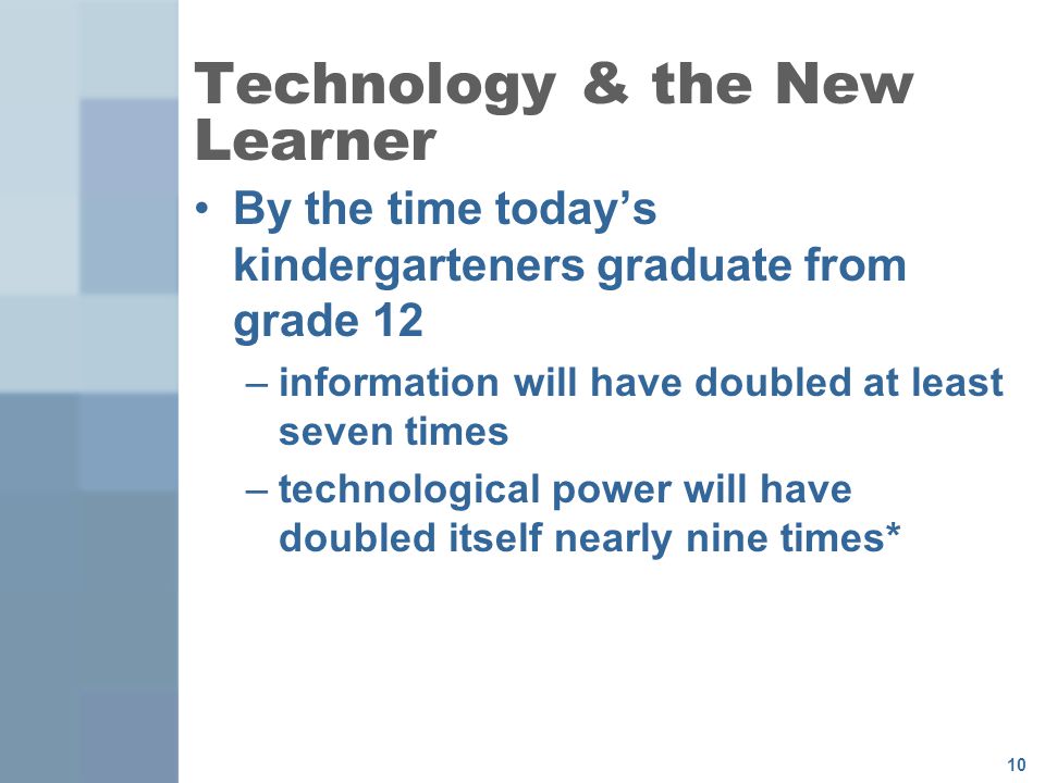 10 Technology & the New Learner By the time today’s kindergarteners graduate from grade 12 –information will have doubled at least seven times –technological power will have doubled itself nearly nine times*