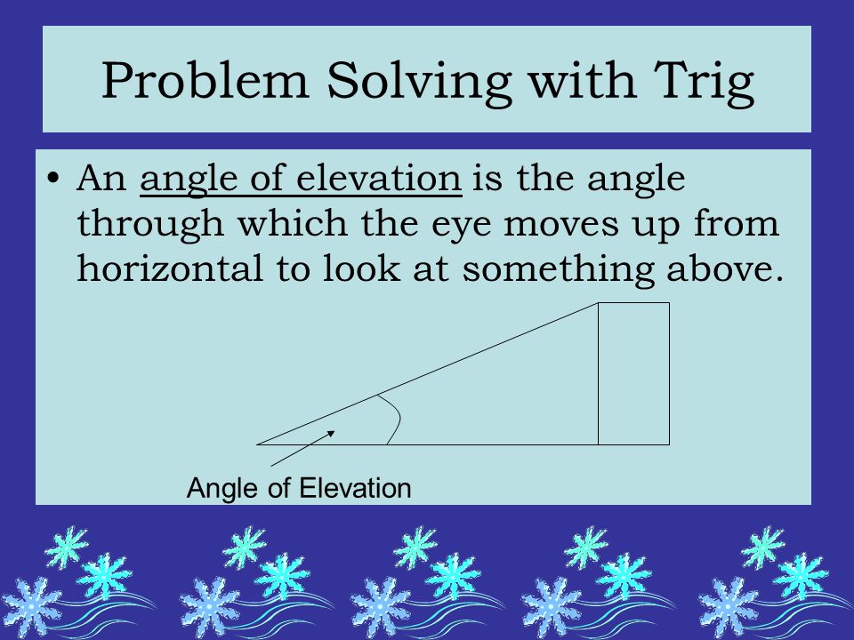 Problem Solving with Trig An angle of elevation is the angle through which the eye moves up from horizontal to look at something above.