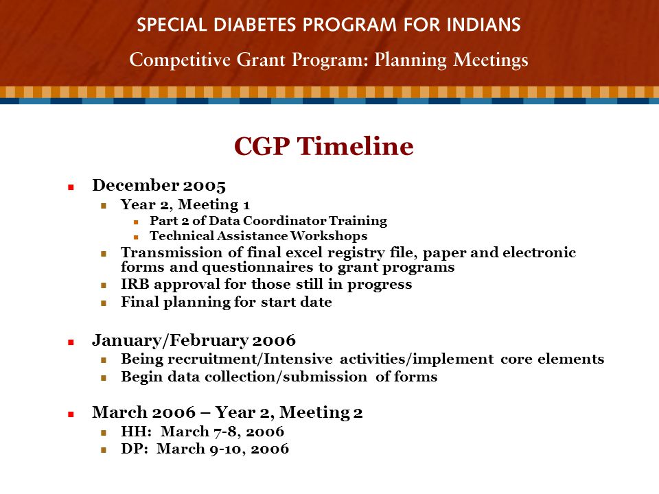 CGP Timeline December 2005 December 2005 Year 2, Meeting 1 Year 2, Meeting 1 Part 2 of Data Coordinator Training Part 2 of Data Coordinator Training Technical Assistance Workshops Technical Assistance Workshops Transmission of final excel registry file, paper and electronic forms and questionnaires to grant programs Transmission of final excel registry file, paper and electronic forms and questionnaires to grant programs IRB approval for those still in progress IRB approval for those still in progress Final planning for start date Final planning for start date January/February 2006 January/February 2006 Being recruitment/Intensive activities/implement core elements Being recruitment/Intensive activities/implement core elements Begin data collection/submission of forms Begin data collection/submission of forms March 2006 – Year 2, Meeting 2 March 2006 – Year 2, Meeting 2 HH: March 7-8, 2006 HH: March 7-8, 2006 DP: March 9-10, 2006 DP: March 9-10, 2006