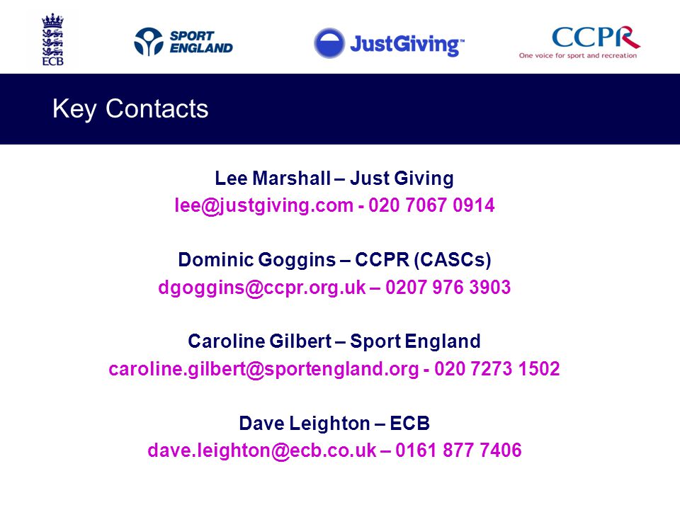 Key Contacts Lee Marshall – Just Giving Dominic Goggins – CCPR (CASCs) – Caroline Gilbert – Sport England Dave Leighton – ECB –