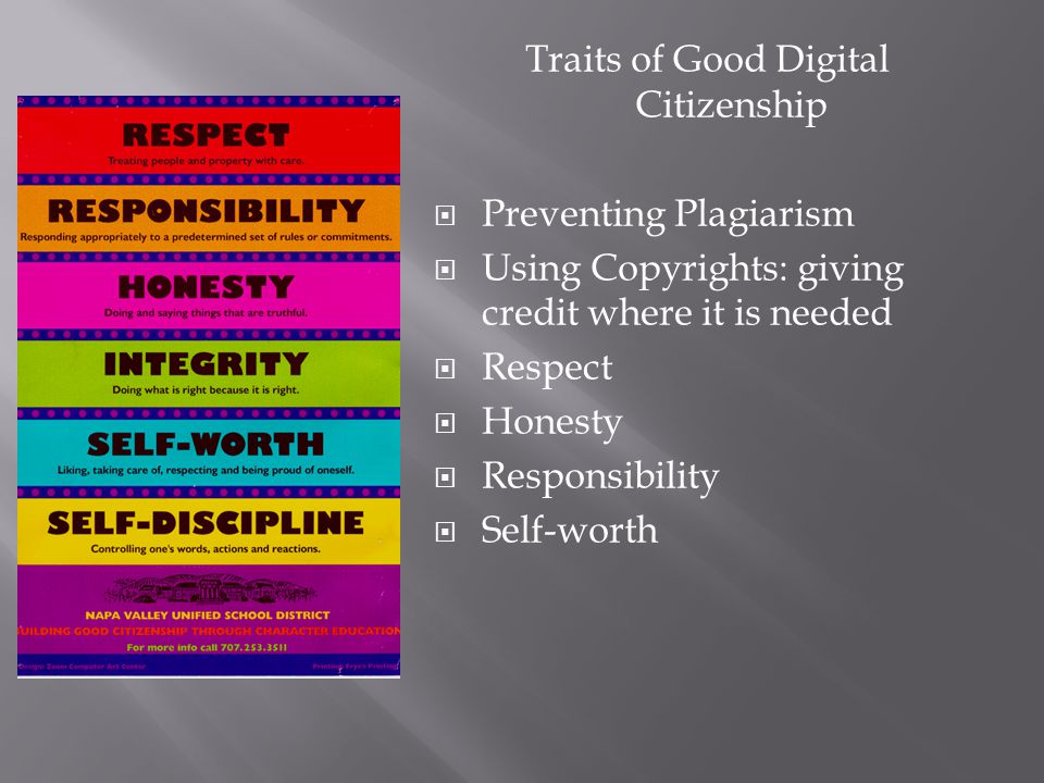 Traits of Good Digital Citizenship  Preventing Plagiarism  Using Copyrights: giving credit where it is needed  Respect  Honesty  Responsibility  Self-worth
