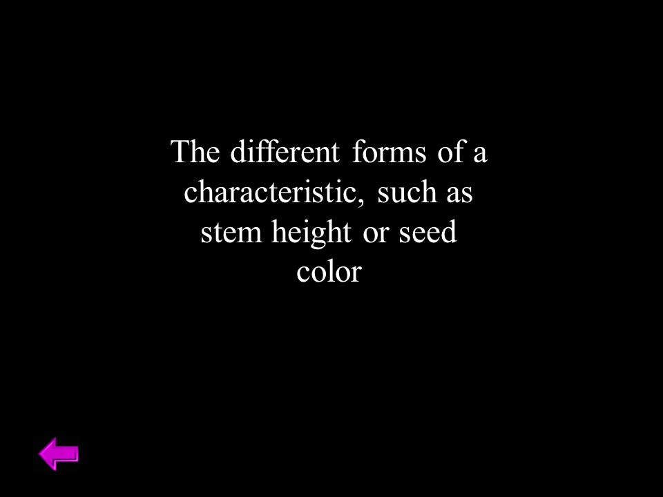 The different forms of a characteristic, such as stem height or seed color
