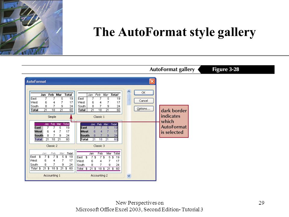 XP New Perspectives on Microsoft Office Excel 2003, Second Edition- Tutorial 3 29 The AutoFormat style gallery