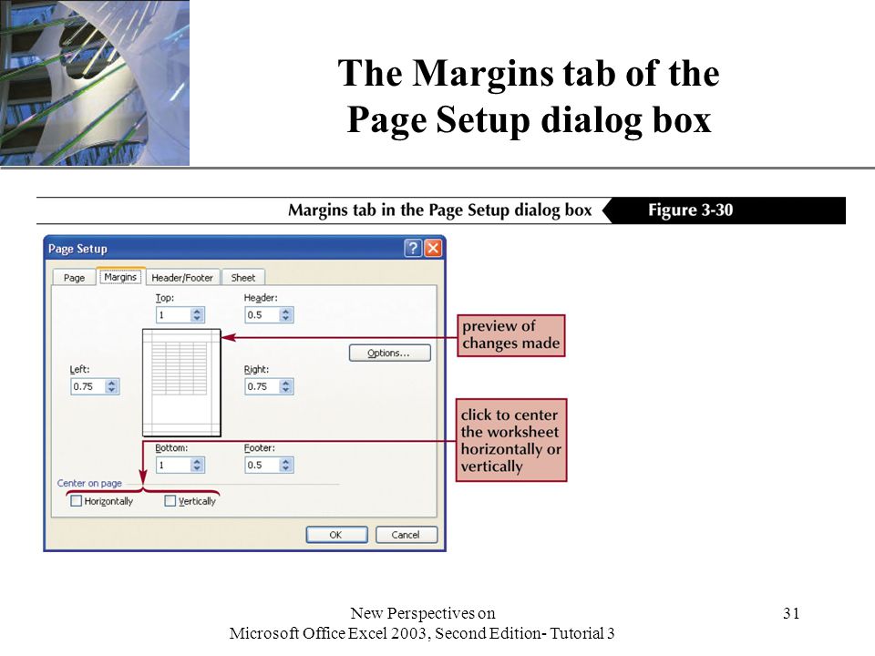 XP New Perspectives on Microsoft Office Excel 2003, Second Edition- Tutorial 3 31 The Margins tab of the Page Setup dialog box