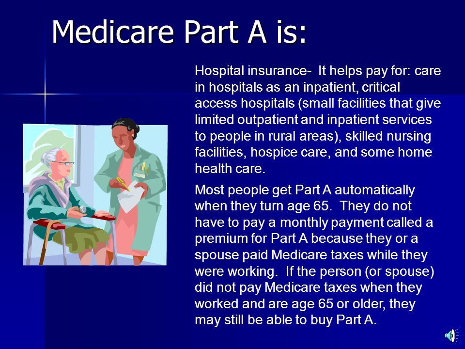 Medicare Part A is: Hospital insurance- It helps pay for: care in hospitals as an inpatient, critical access hospitals (small facilities that give limited outpatient and inpatient services to people in rural areas), skilled nursing facilities, hospice care, and some home health care.